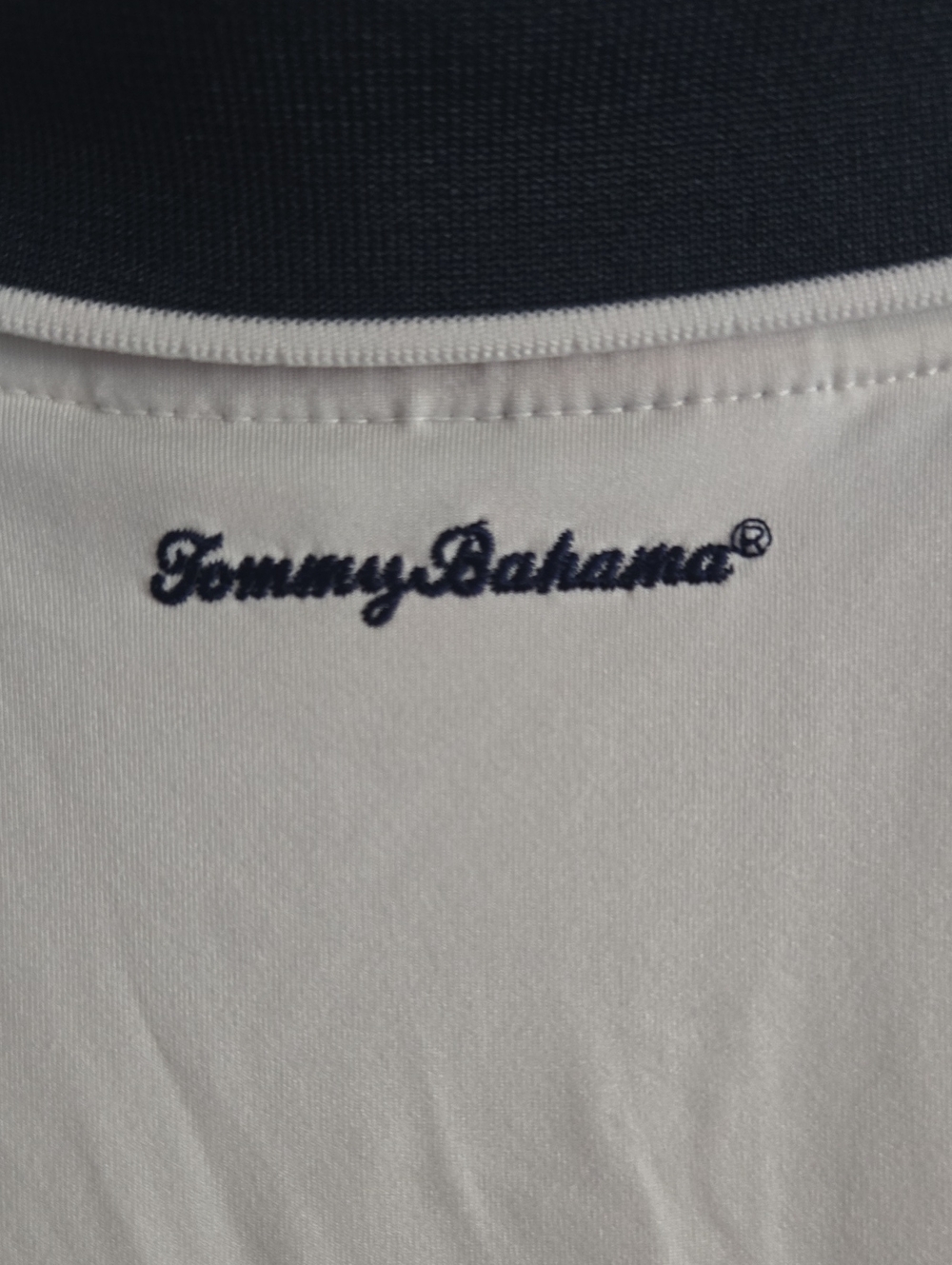 Tommy Bahama White Polo with Navy Script Embroidery